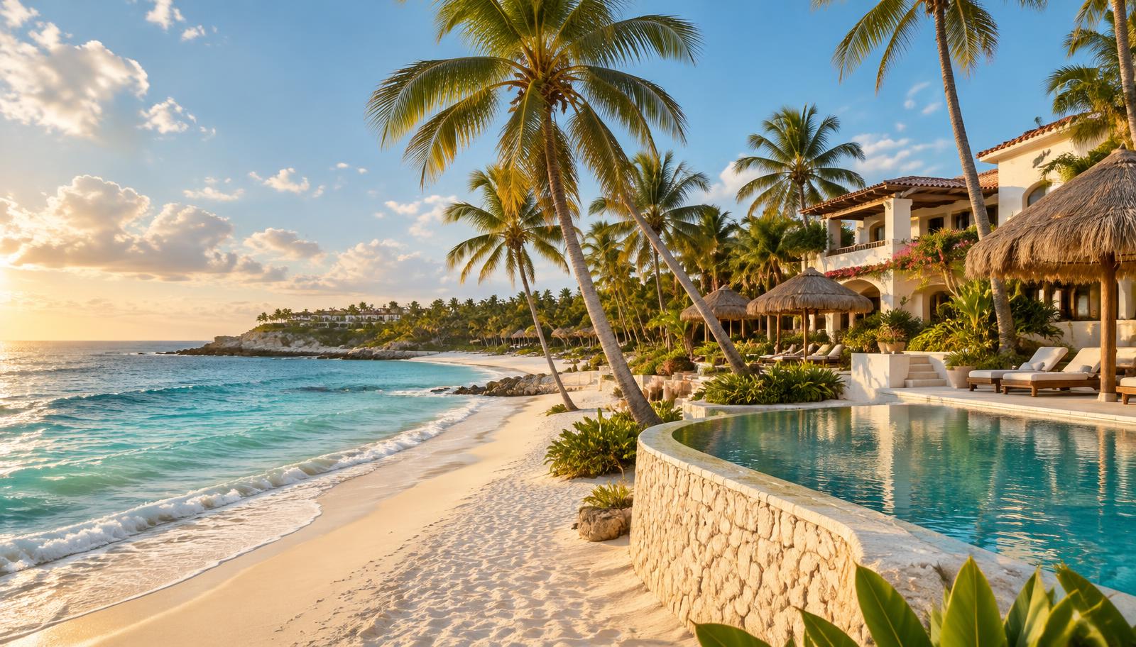 Beachfront resort in Mexico with a white sand beach, palm trees and turquoise water